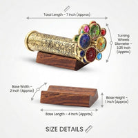 Roorkee Instruments etched floral brass kaleidoscope with two bead wheels on a hardwood stand - view 6