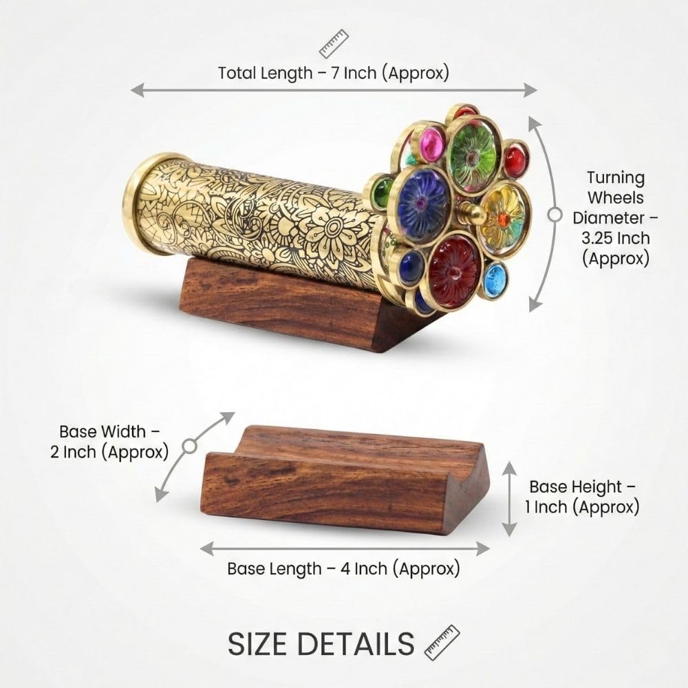 Roorkee Instruments etched floral brass kaleidoscope with two bead wheels on a hardwood stand - view 6