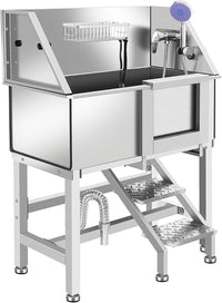 Professional Stainless Steel Dog Bathing Station, Dog Grooming Tub, with Stairs, Floor Grate & Faucet for Dog Bathtub for Large, Medium & Small Pets,34" R-RAMP