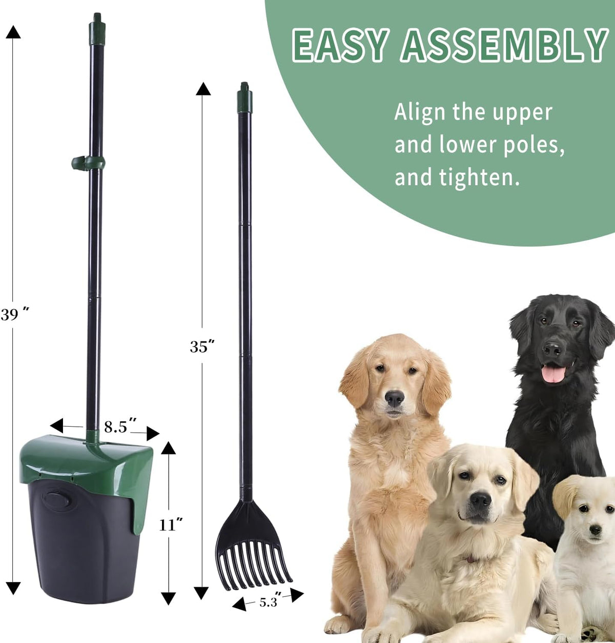 Pooper Scooper Large Swivel Bin & Rake with 160 Waste Bags - Dark Green - image 2