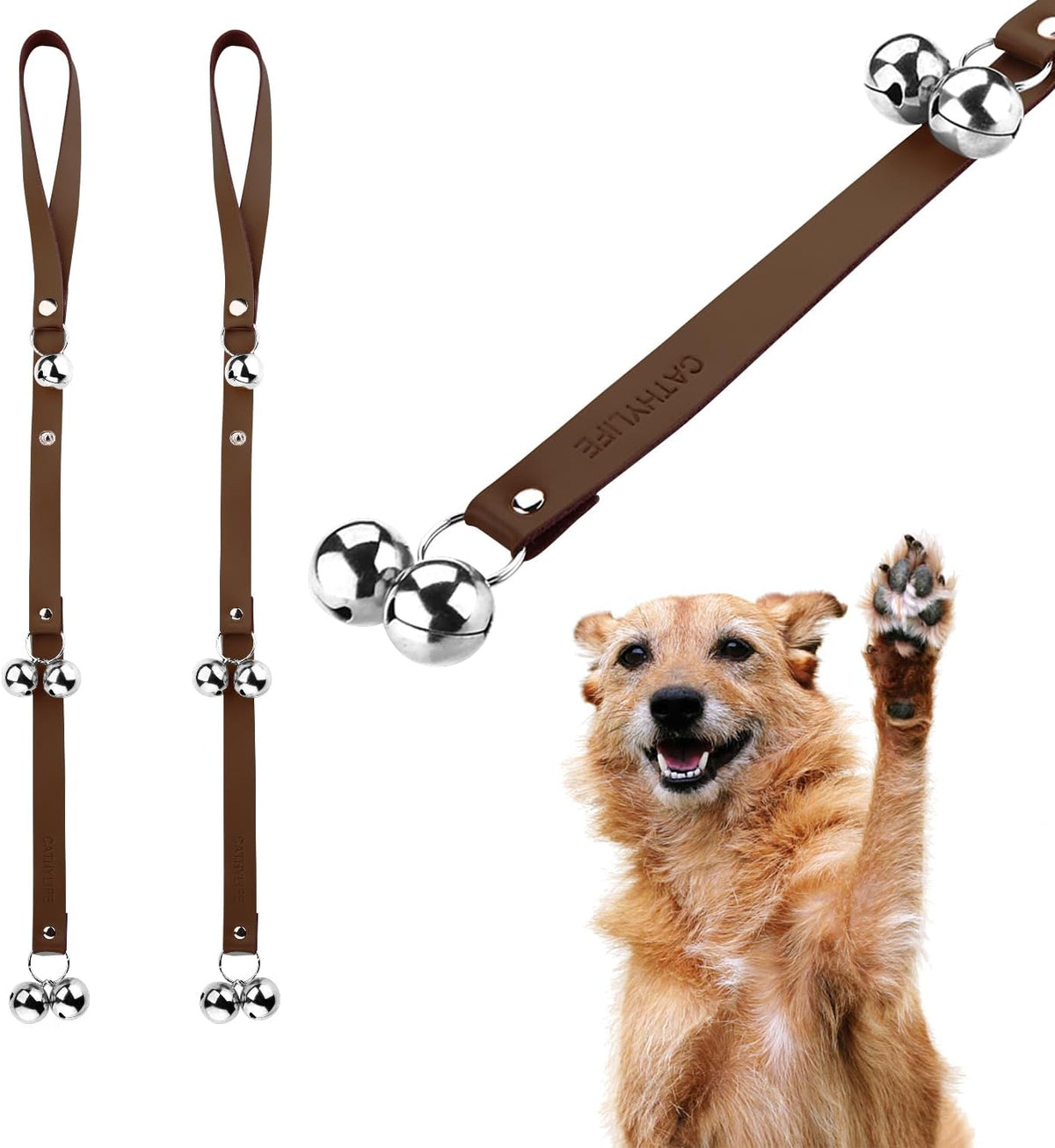 Leather Dog Doorbells to Go Outside, Brass Potty Training Bell – Essentials for Dogs - 2 Dark Brown Leather Silver Bells