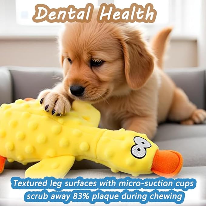 OUANGANC Calming Duck Dog Toy for Aggressive Chewers, Make a Crinkly Crunchy Noise, with Squeaker, 2025 Upgraded Indestructible Puppy Teething Toys, for Small to Medium Dog Breeds (Purple 10.6in)