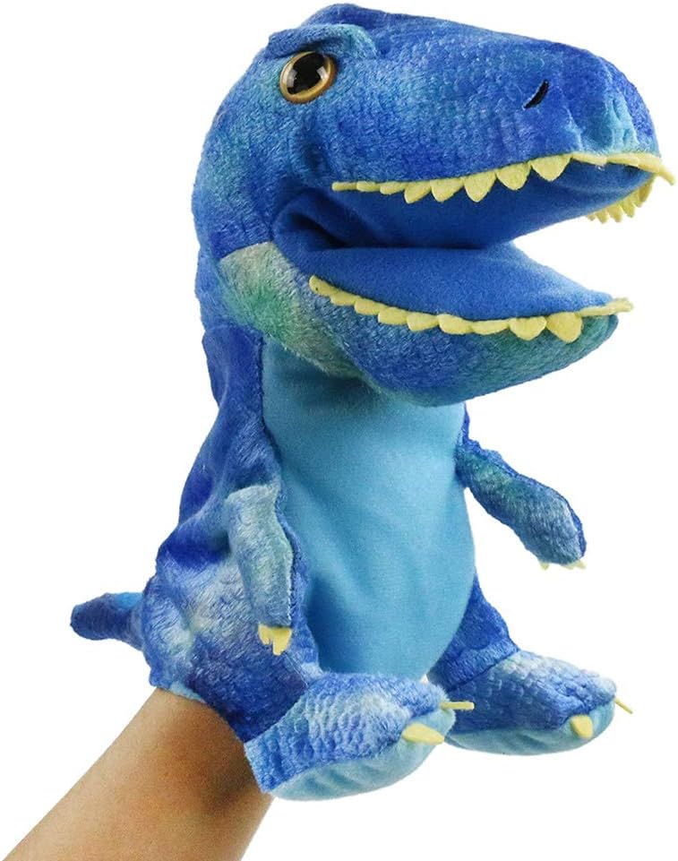 HooYiiok blue dinosaur plush hand puppet with movable mouth and big eyes - view 3