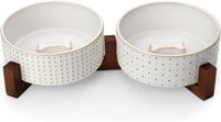 MALACASA Dog Bowl Set, Ceramic Bowls with Walnut Wood Stand - Rhombic+Polka Dots / 4 Cups