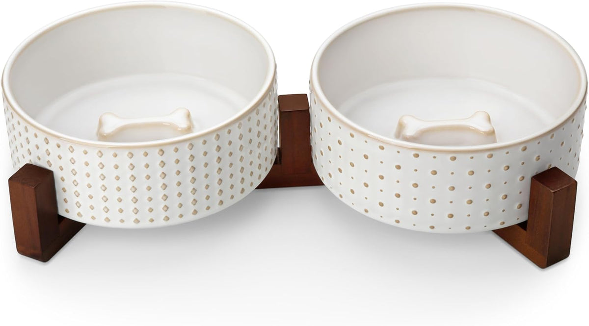 MALACASA Dog Bowl Set, Ceramic Bowls with Walnut Wood Stand - Rhombic+Polka Dots / 4 Cups