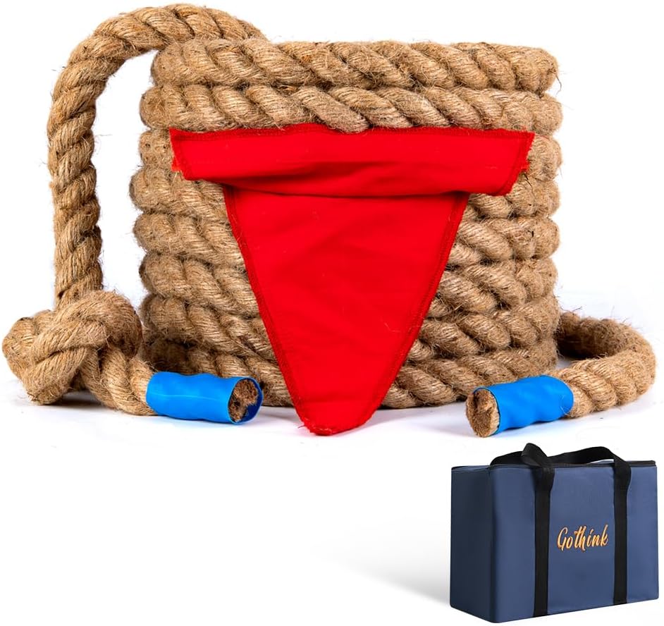 Gothink 50 ft tug of war rope for kids in natural jute with red flag and carrying bag - view 3