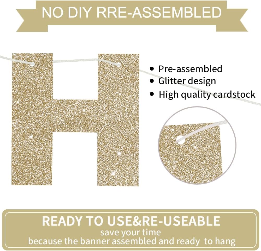 BEISHIDA Pre-Strung Glitter Pink Happy Birthday Banner Party Sign - Champagne - image 2