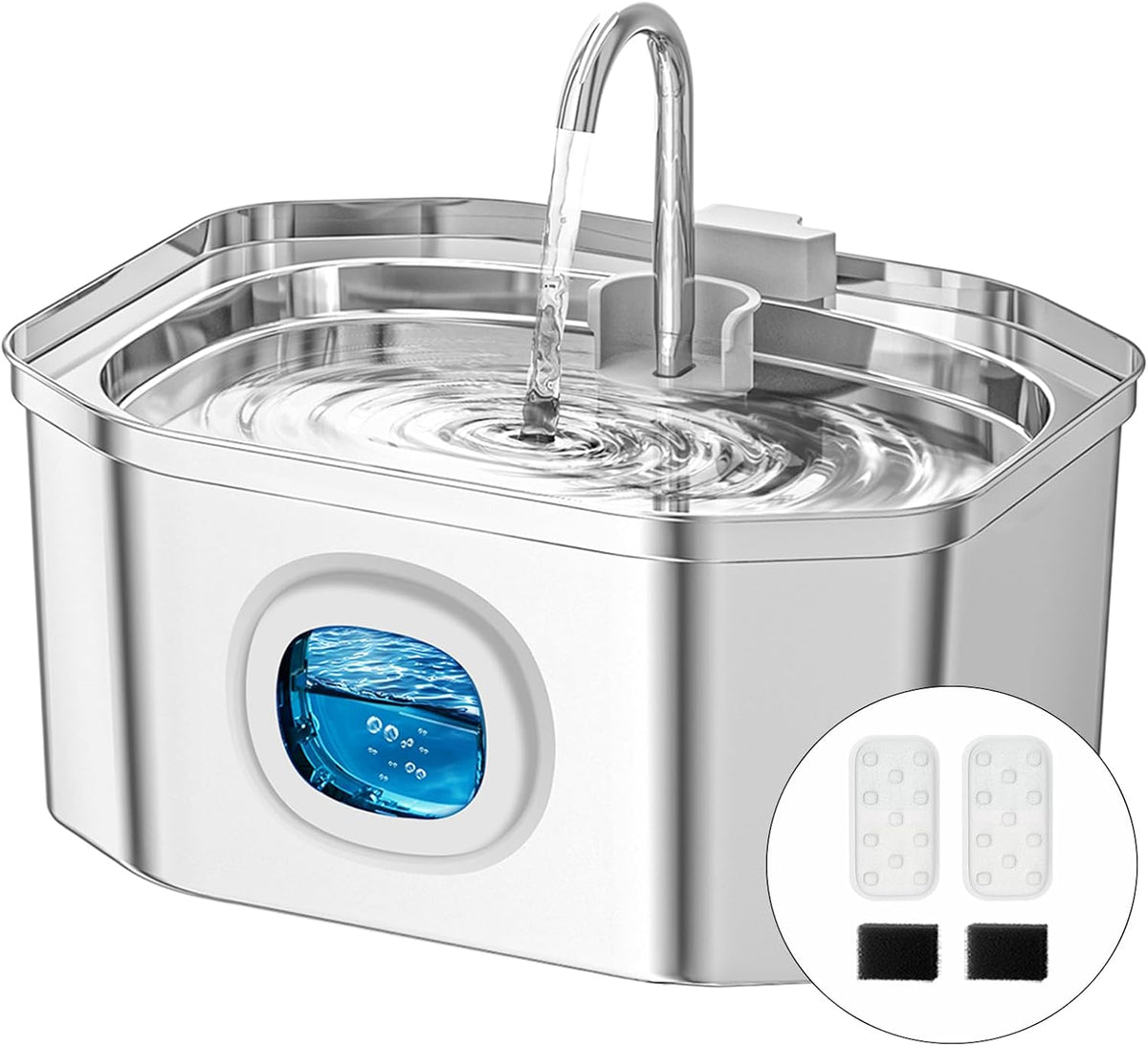 APAUK Cat Water Fountain Stainless Steel - Fountain +2 Filters +2 Sponges