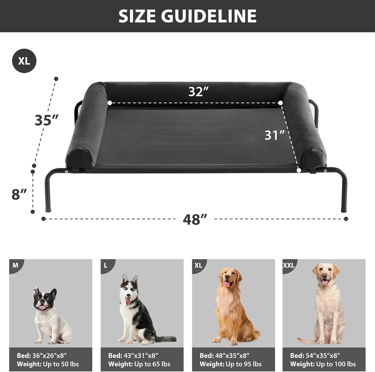 RRPETHOME Elevated Cooling Dog Cot 43x31" - Black / 48.0"L x 35.0"W x 8.0"Th - image 2