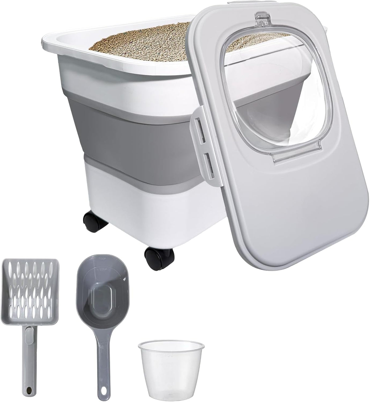 Collapsible Cat Litter Storage Container with Rolling Casters - Gray