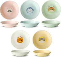 Ceramic Cat Bowls Set - 5.7 inch Wide Cat Food Bowls Whisker Fatigue Friendly, 5 Colorful Kitten - Cute Pattern