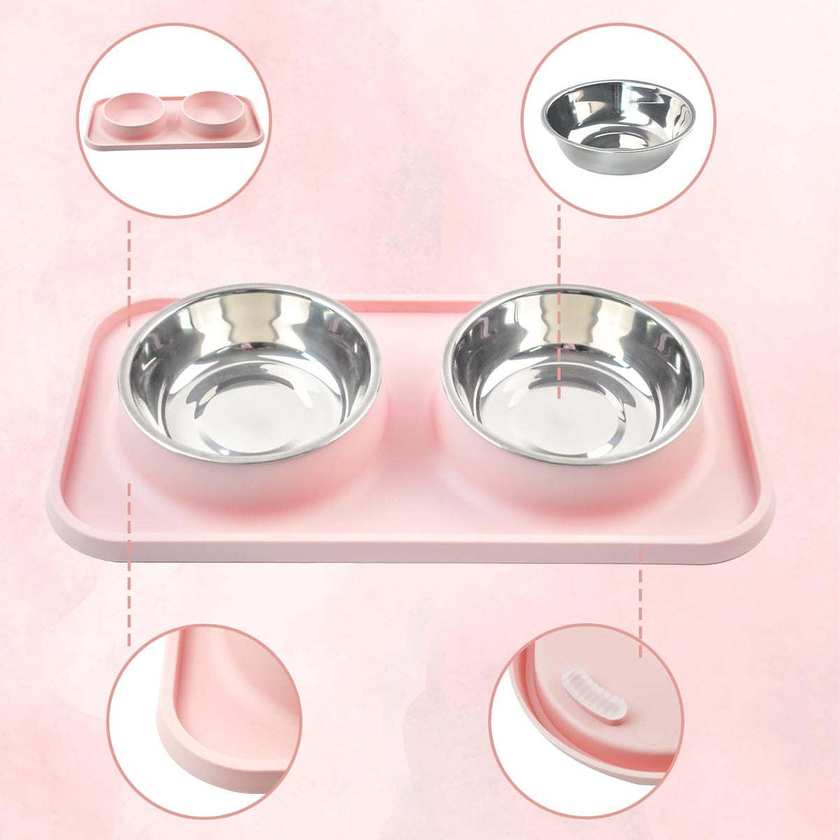 Double Dog Food Bowls Stainless Steel with No Spill Non Skid Silicone - 【Pink】 - image 4