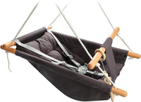 Tislly indoor outdoor baby swing in grey cotton with beech wood frame and 5-point belt