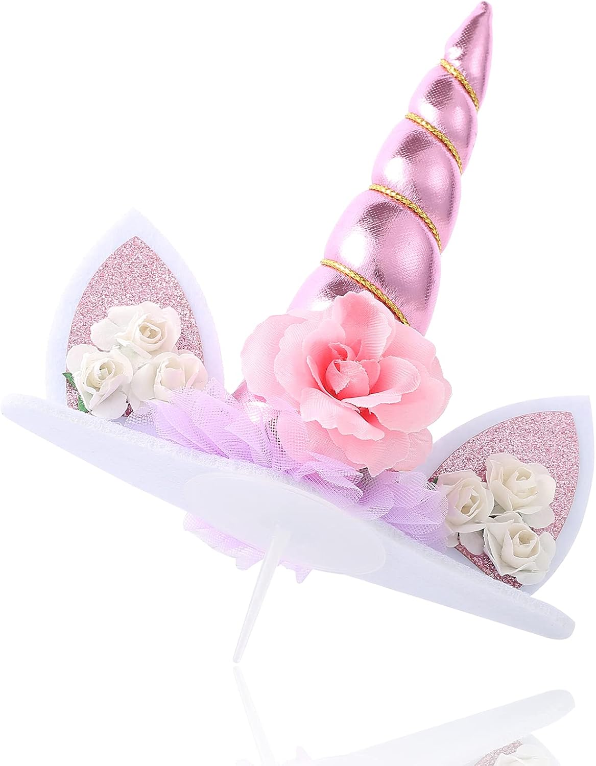 Zkptops pink unicorn cake topper set with 5.8 inch horn, ears, flowers and eyelashes - view 2