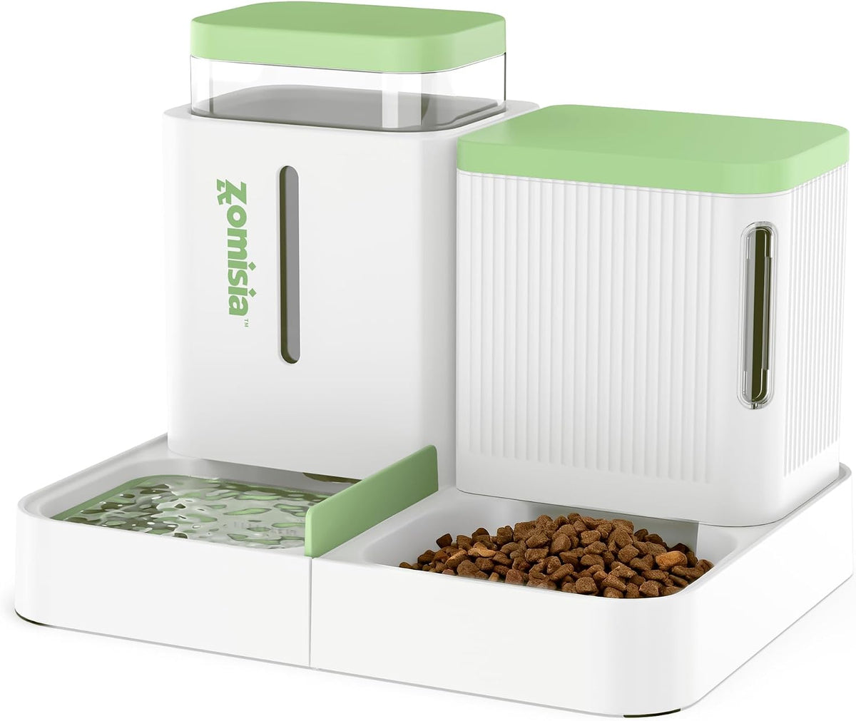 Automatic Cat Feeder, Gravity Cat Food Dispenser - 0.8 Gallon x 2 / White&Green