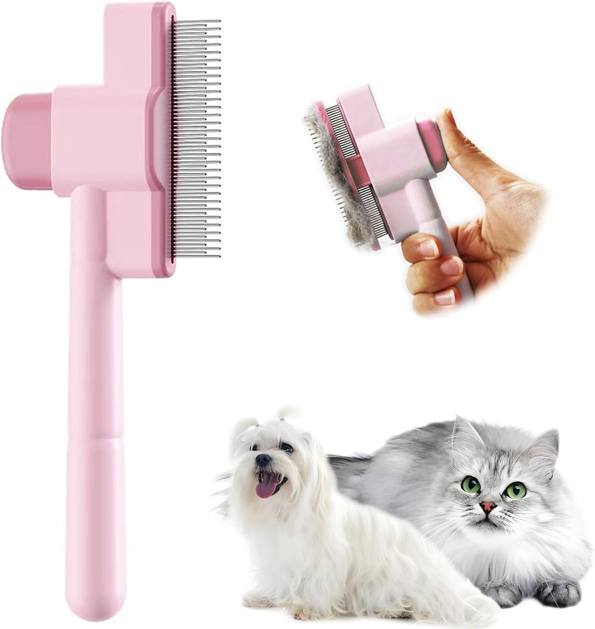 Cat Comb Pet Comb Self Cleaning Upgraded Cat Brush for Long Haired - Pink