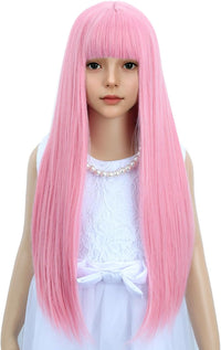 WAVELNM kids long straight black wig with hot pink highlights and bangs - view 23