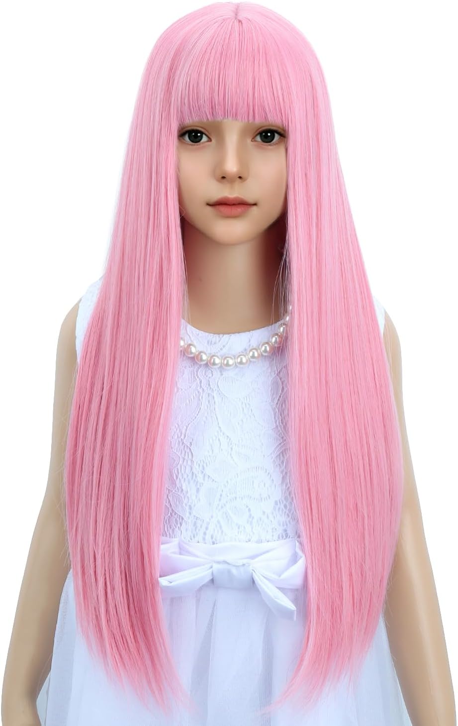 WAVELNM kids long straight black wig with hot pink highlights and bangs - view 23