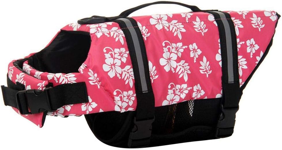 Dog Life Jacket Adjustable Dog Lifevest Swimsuit Safety Vest Apparel - A-Pink Flower / M:17-24 inch(Ribcage Girth)