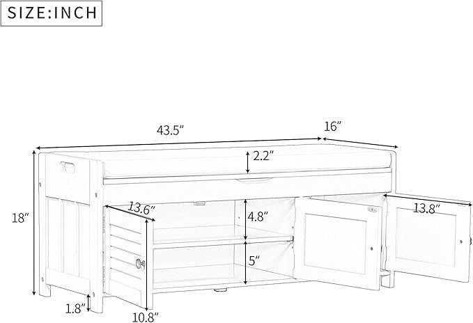 Storage Bench with 3 Shutter-Shaped Doors, Pine Wood Shoe Bench with Removable Cushion and Hidden Storage Space for Entryway Living Room 43.5" L * 16" W * 18" H, Antique Navy