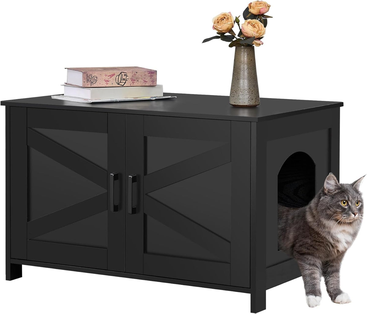 31.5" L Cat Litter Box Enclosure with Barn Door - 31.5"L / Black