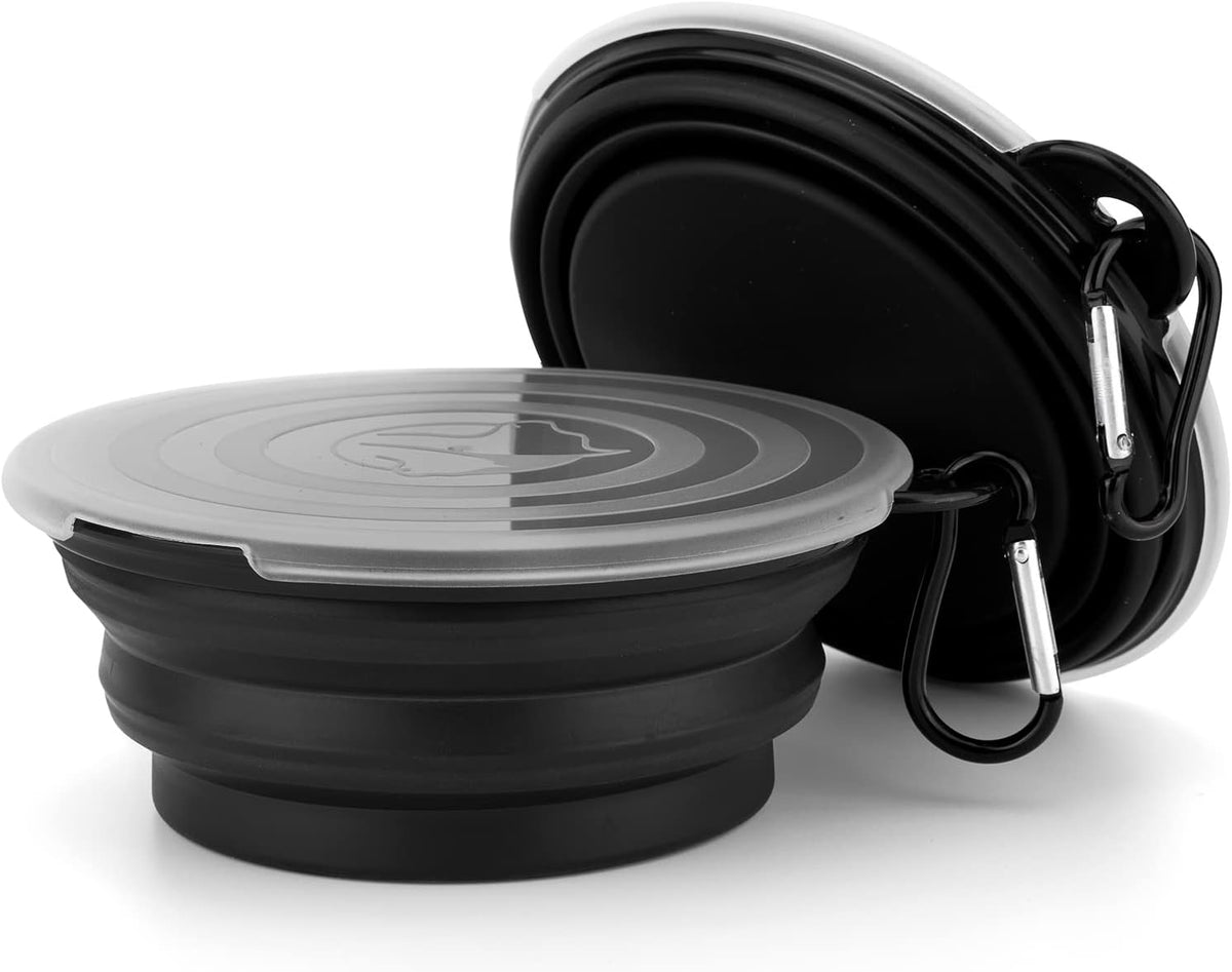 SLSON Dog Bowls Pet Collapsible Bowl with Cover Lids - Black and Black / Small Solid - image 3