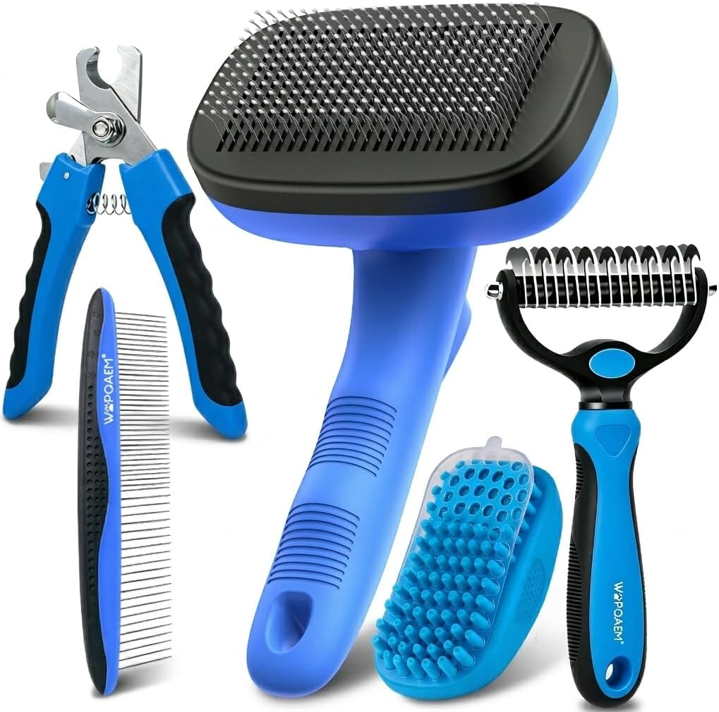 5 PCS Pet Grooming Kit, Dog Brush & Dematting Rake for Long Hair – Essentials for Cats - Blue 5pc