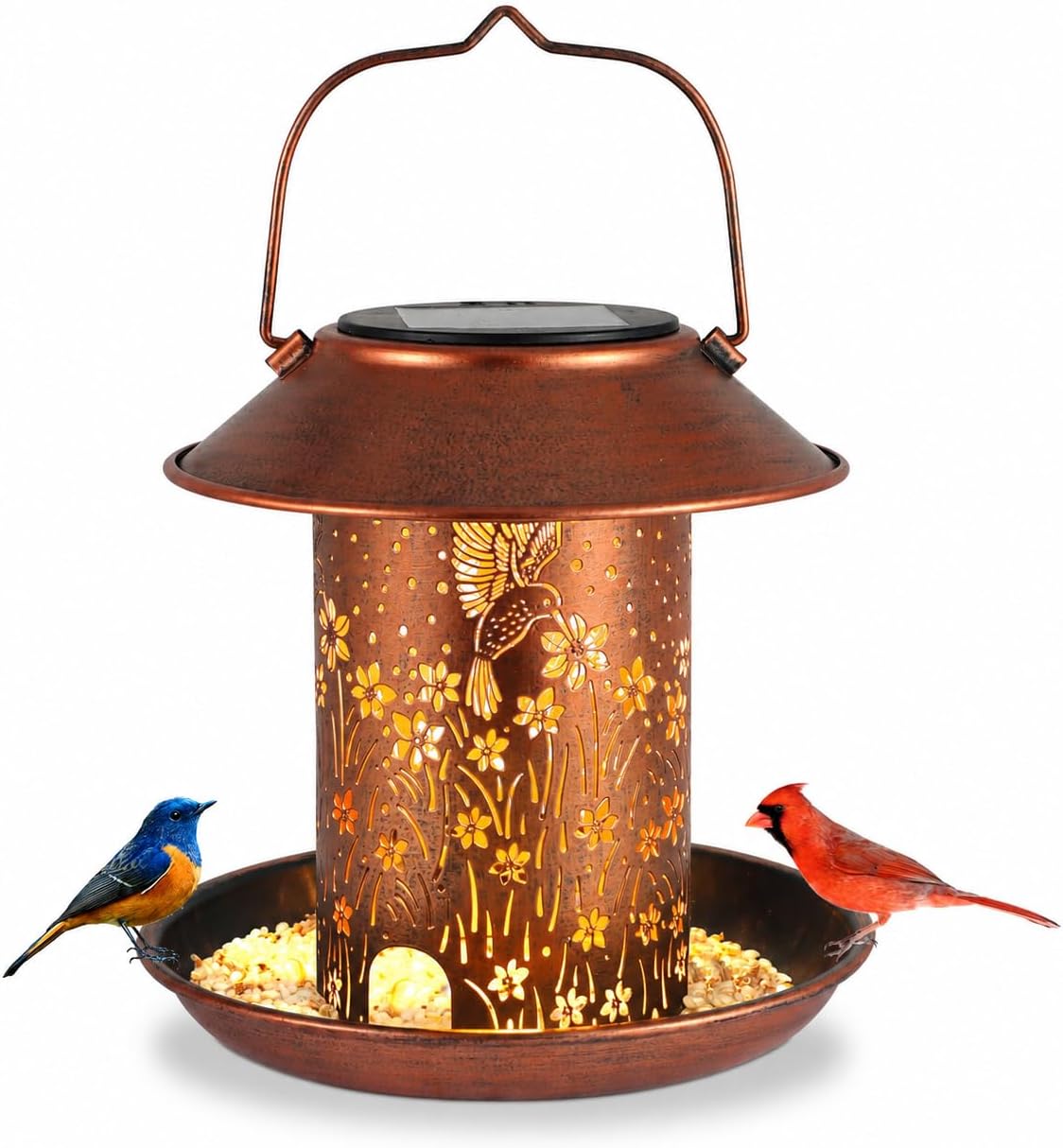Metal solar hummingbird bird feeder garden lantern with three seed cups