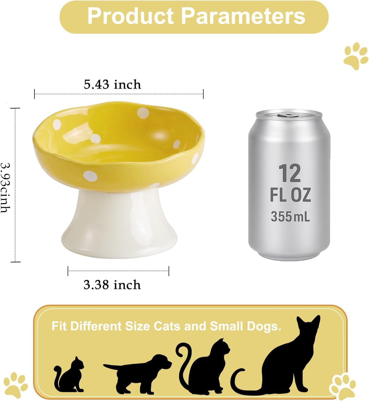 Red Mushroom Cat Bowl, Elevated Ceramic Bowl for Cats – Essentials for Cats - Yellow - image 2