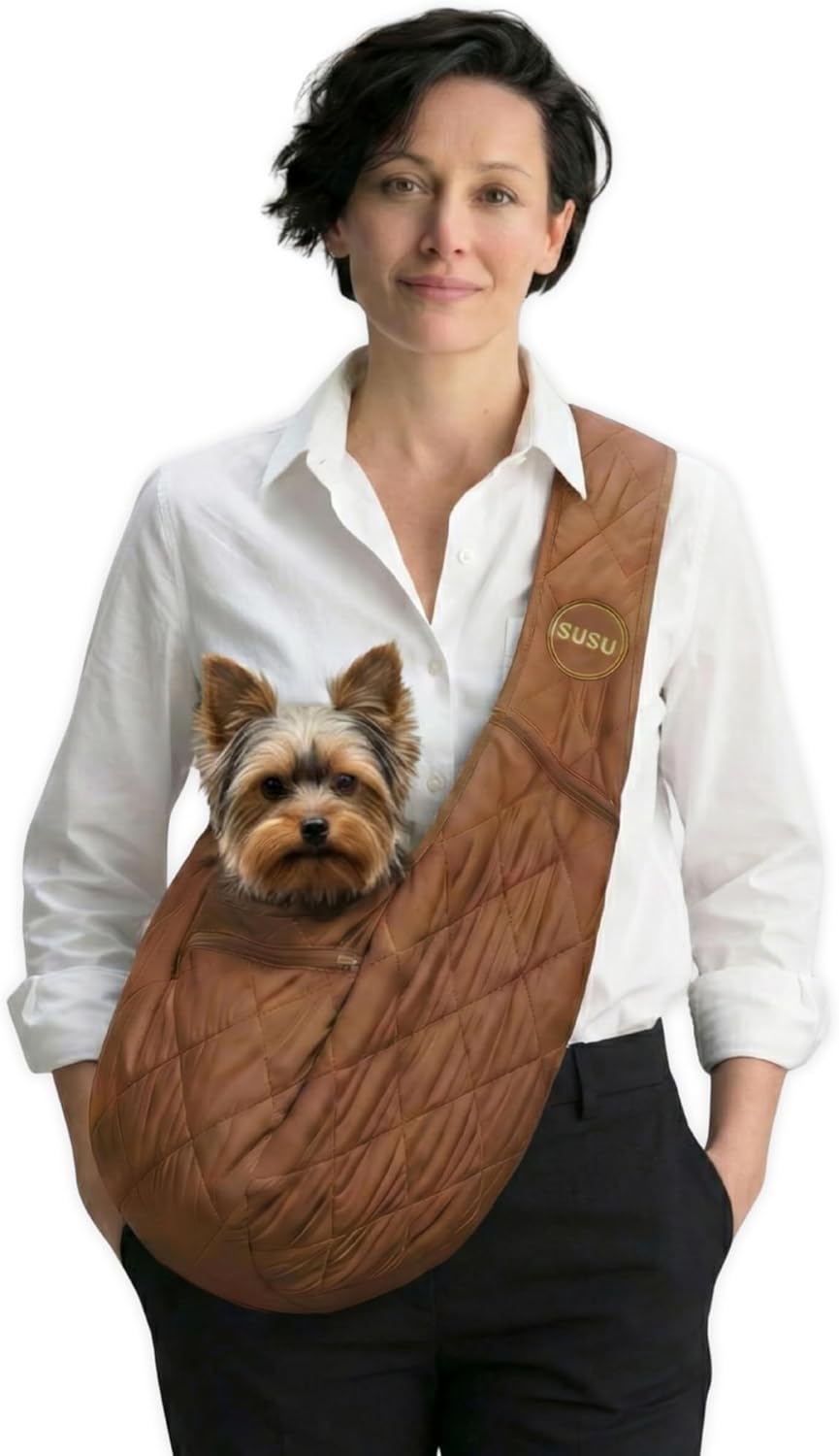 Small Dog Sling Carrier, Hands-Free Crossbody for Pets 3-8 lb - Copper - Brown