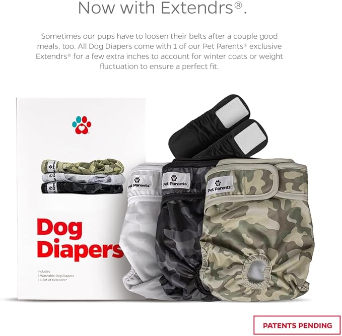 Pet Parents® Washable Dog Diapers (3pack) + Extendrs® of Durable Doggie Diapers, Premium Dog Diapers Female & Male (Small, Camo)