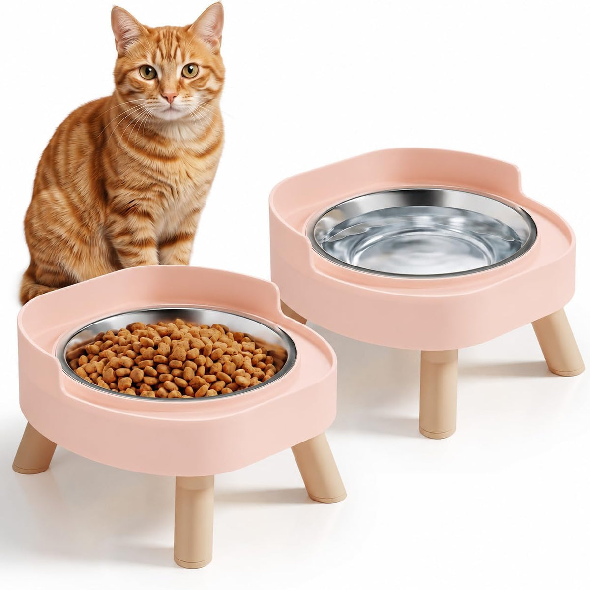 Elevated Cat Bowls, 2P Raised Cat Food and Water Bowl Set for Indoor Cats, Splash Proof with 2 - 2P Cat Bowls - Pink