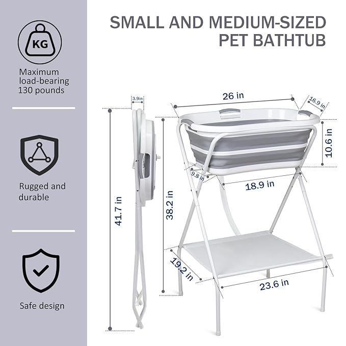 Portable Dog Bath Tub and Dog Washing Station, Collapsible Elevated Pet Tub for Bathing, Showering, Grooming, Pet Bathing Basin for Small to Medium Dogs, Cats and Other Pets (Built-in Drainage System)