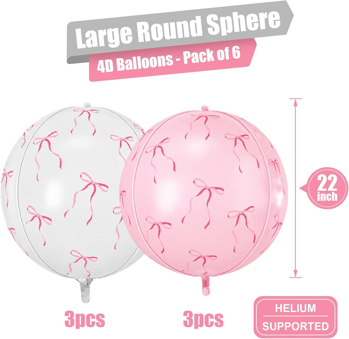 12PCS Iridescent Round Foil Balloons 22" 15" 10" Large Holographic - 22inch Pink Gray Bow Print - image 2