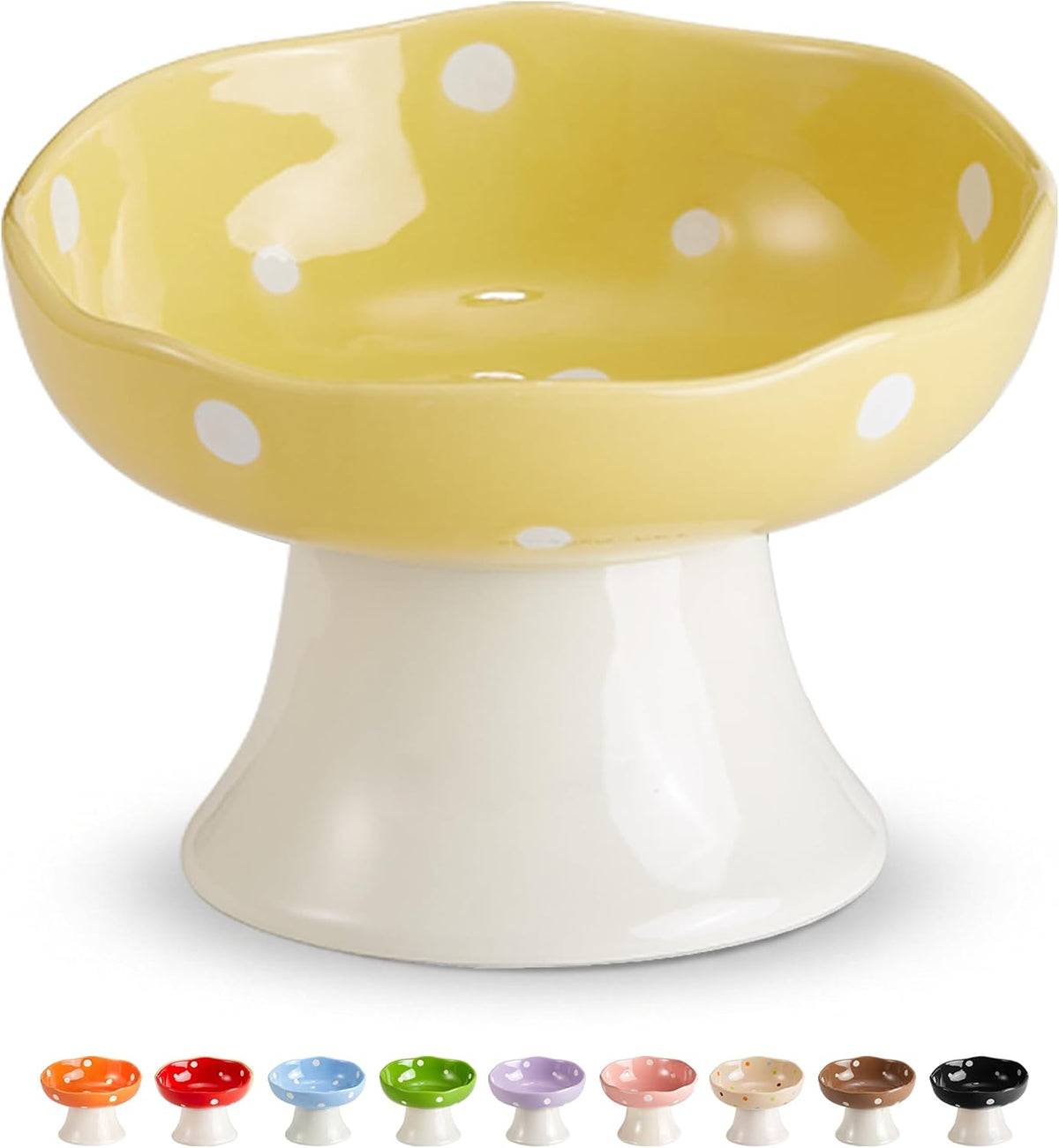 Red Mushroom Cat Bowl, Elevated Ceramic Bowl for Cats – Essentials for Cats - Yellow