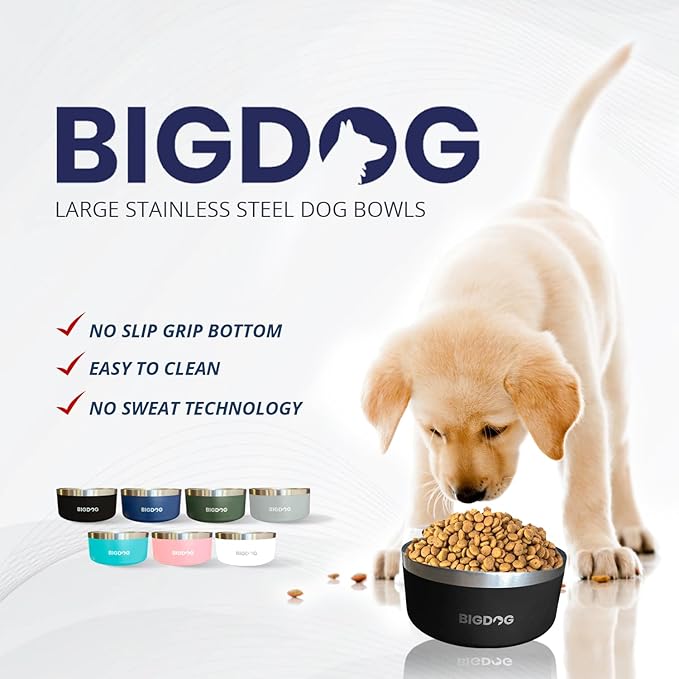 BigDog Dog Bowls, Dog Bowls for Large Dogs, Stainless Steel Dog Bowls, No Spill Dog Bowls, Dog Food and Water Bowl (64 Ounce, Pink)
