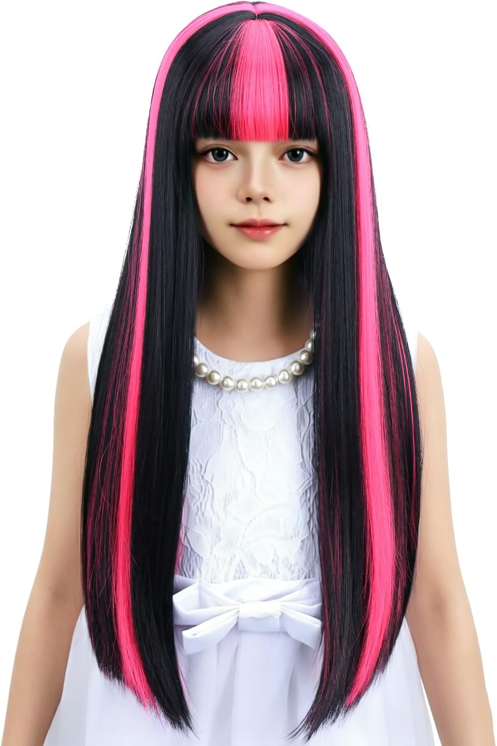 WAVELNM kids long straight black wig with hot pink highlights and bangs - view 10