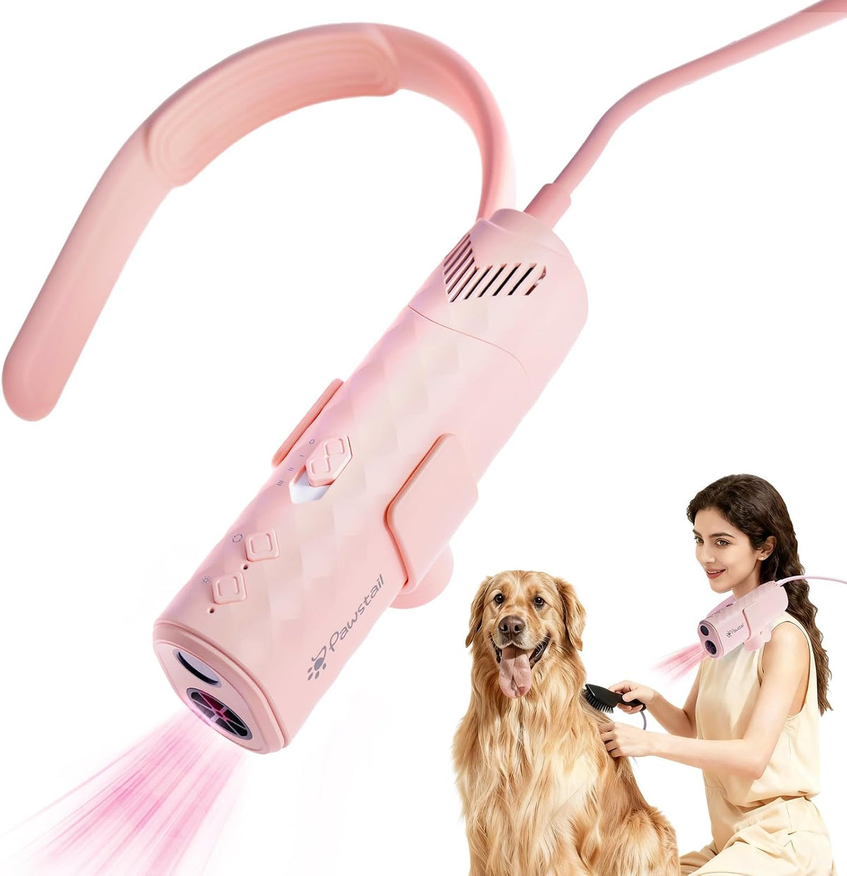 Dog Dryer for Pet Grooming, Pet Neck-Hanging Hair Dryer - Pink