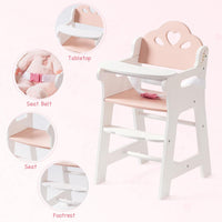 ROBOTIME wooden doll high chair with tray, footrest and flower shaped back in white and pink - view 7