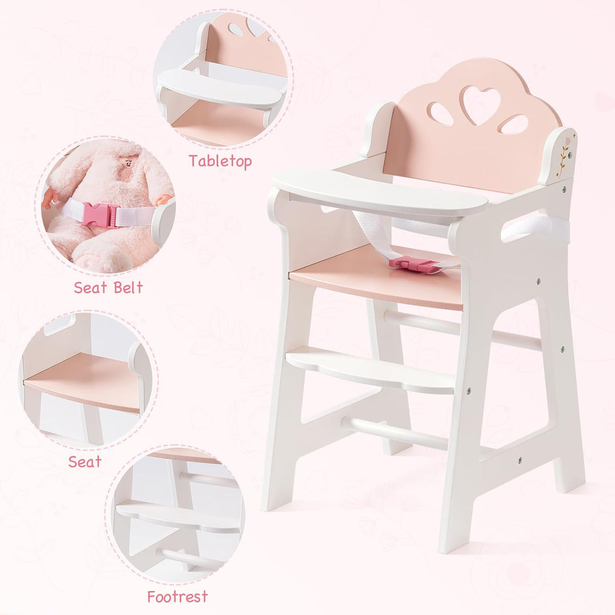 ROBOTIME wooden doll high chair with tray, footrest and flower shaped back in white and pink - view 7