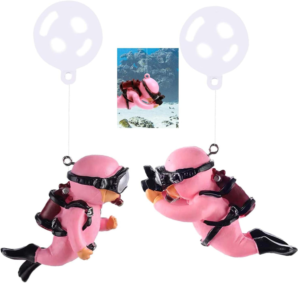 Wonfly 2-pack pink resin floating diver aquarium decorations with float balls