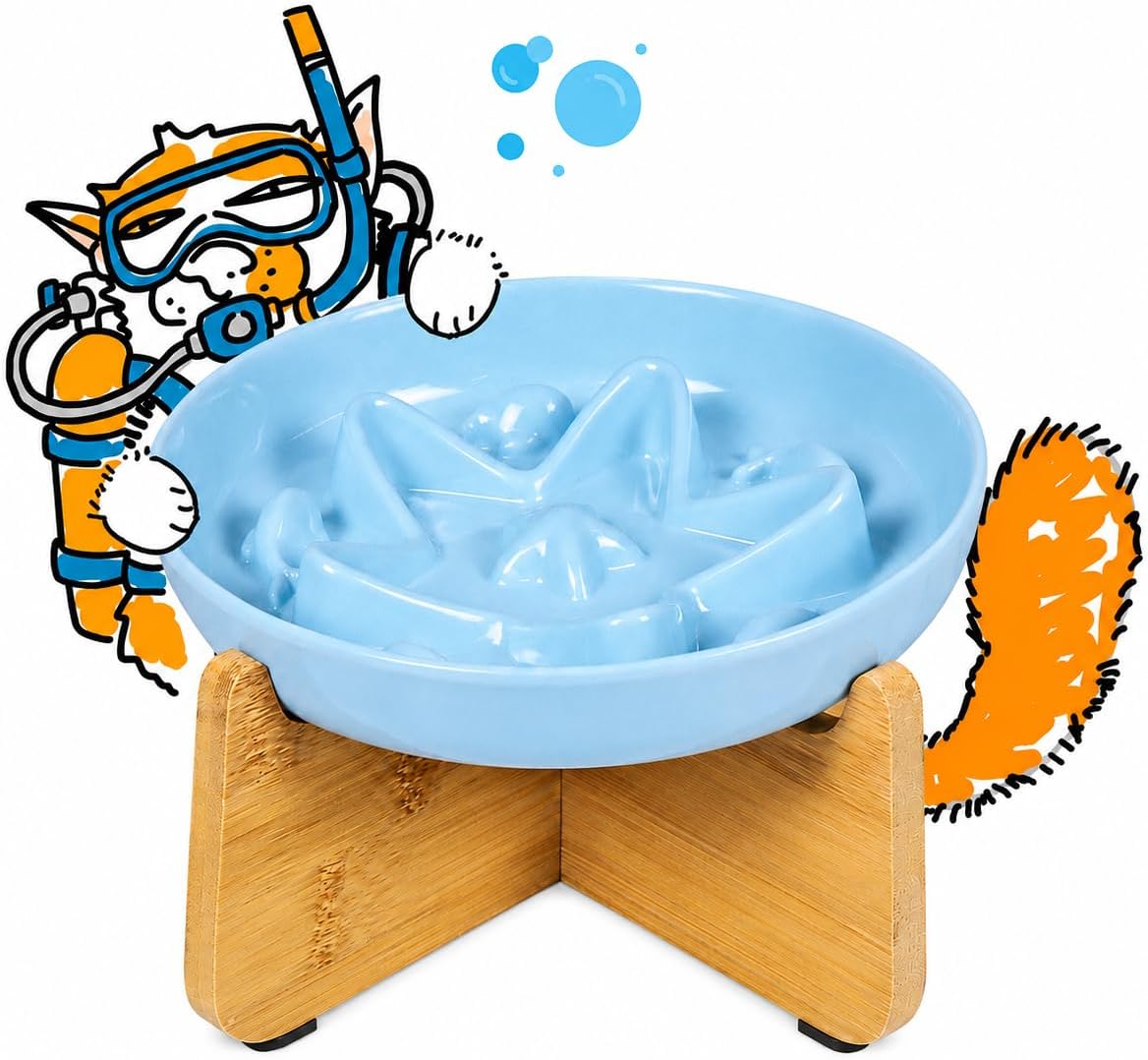 2 Pcs Cat Slow Feeder Bowl - Ocean Mist With Stand / 6.2''