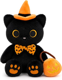 MUFEIRUO Halloween black cat plush holding pumpkin bag, wearing orange witch hat - view 10