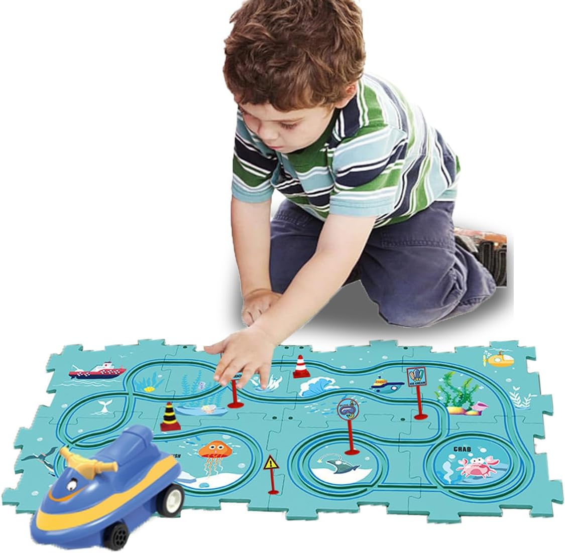 Ubegger puzzle car track set with puzzle road pieces, road signs and battery cars - view 7