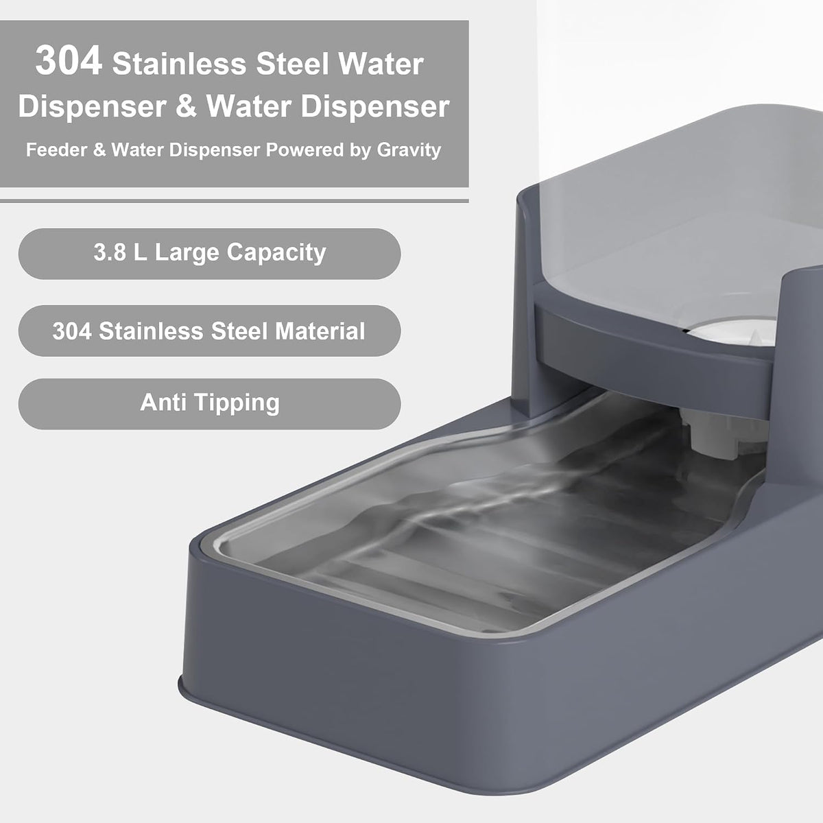 Automatic Cat Feeder and Water Dispenser in Set with Pet Food Bowl - 3.8L Stainless Steel(Grey) - image 3