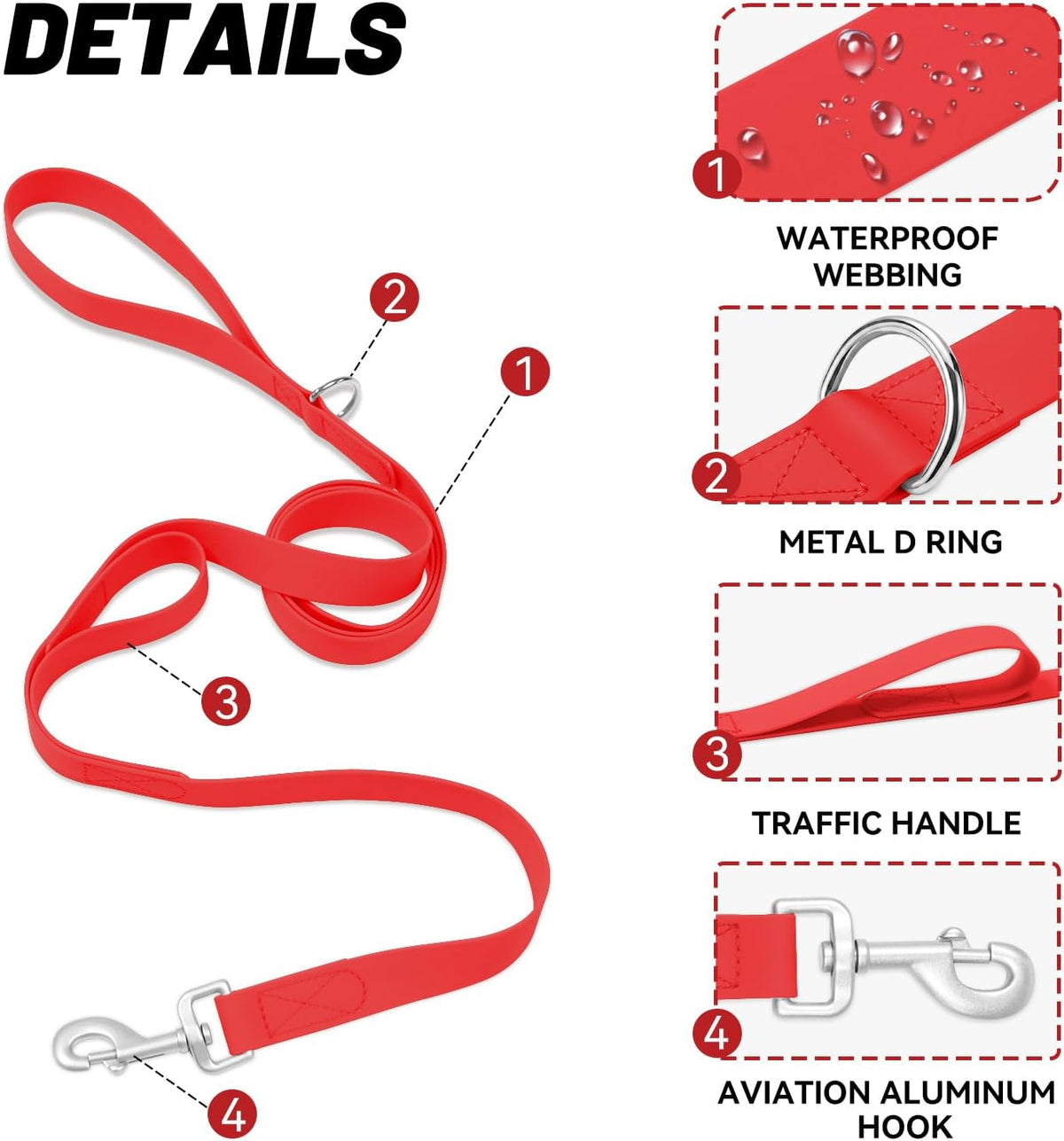 Waterproof Dog Leash, 5/6 FT Durable Odor-Proof Dog Leashes with Strong Metal Hooks Fits Small - Red / 6FT - Double Handle - image 3