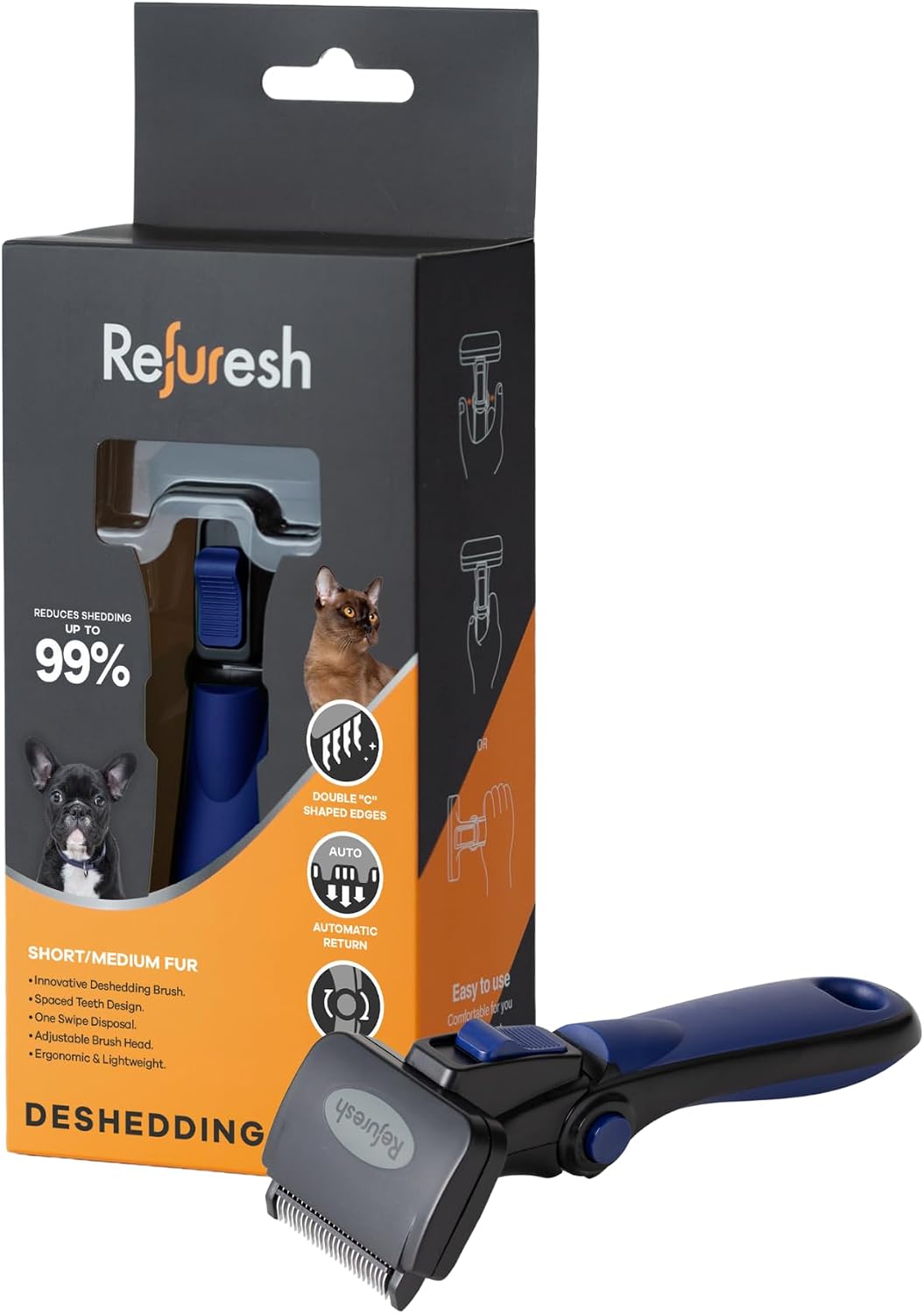 Deshedding Brush for Short/Medium-Hair Dogs & Cats - blue / Small