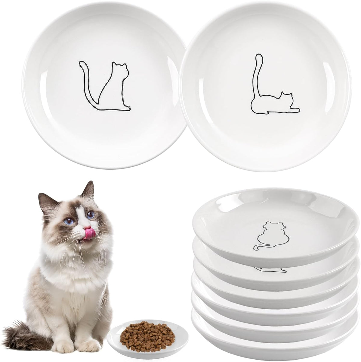 6 Pack Cat Food Bowl, Ceramic Cat Bowls - White-B