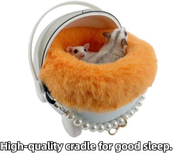 Sugar Glider Carrier Cage with Warm Nest, Cushion, Mat and Safe Lock, Portable Cages with Chain, Small Animals Travel Carrier Plastic Breathable Outgoing Box for Hamsters (Orange)