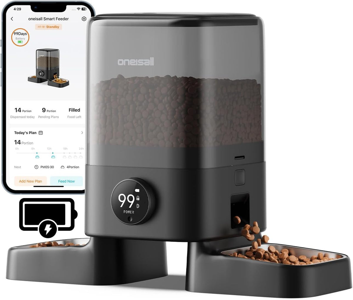 oneisall Automatic Cat Feeder for 2 Cats Pets, 20 Cups/5L – Essentials for Cats - Cordless WiFi